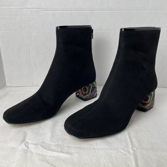 Betsey Johnson Floral Rainbow Rhinestone Heel Black Ankle Boot - Picture 3 of 9